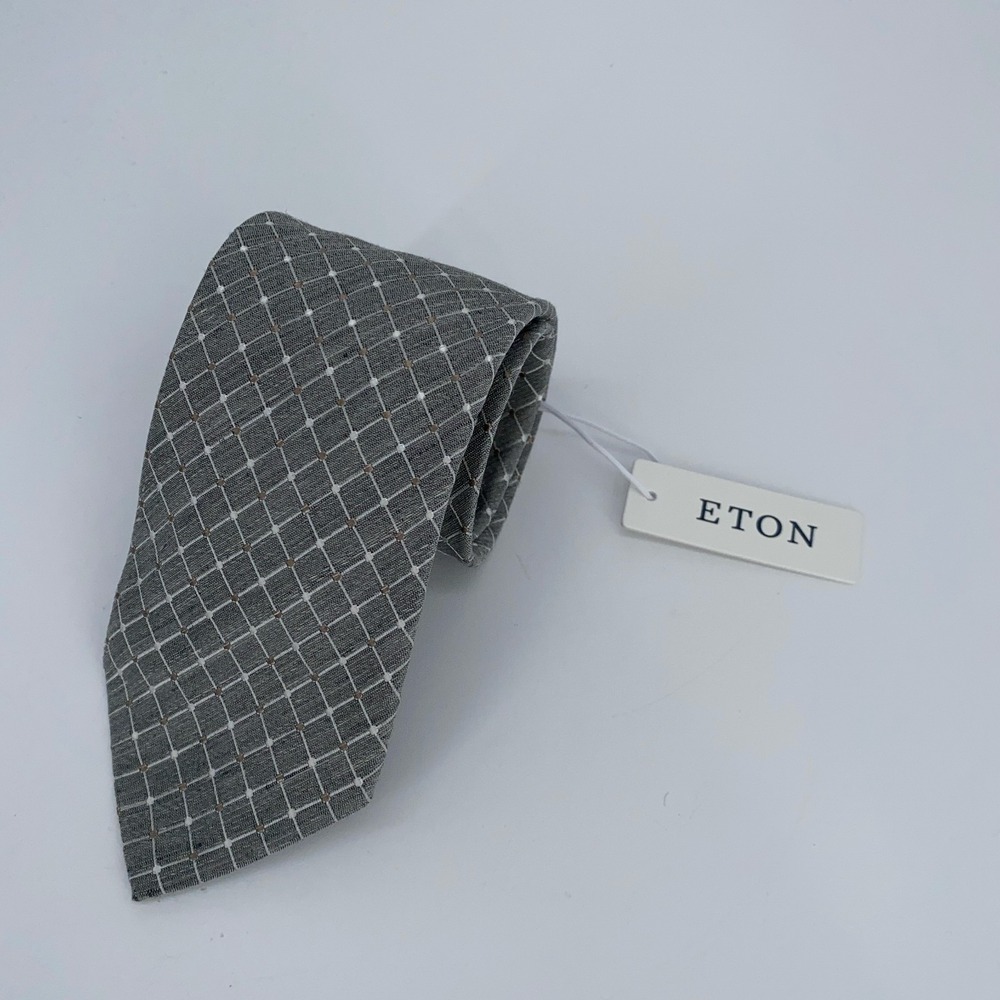 Eton Mens Gray White Checked Silk Linen Blend Necktie Italy Made NWT